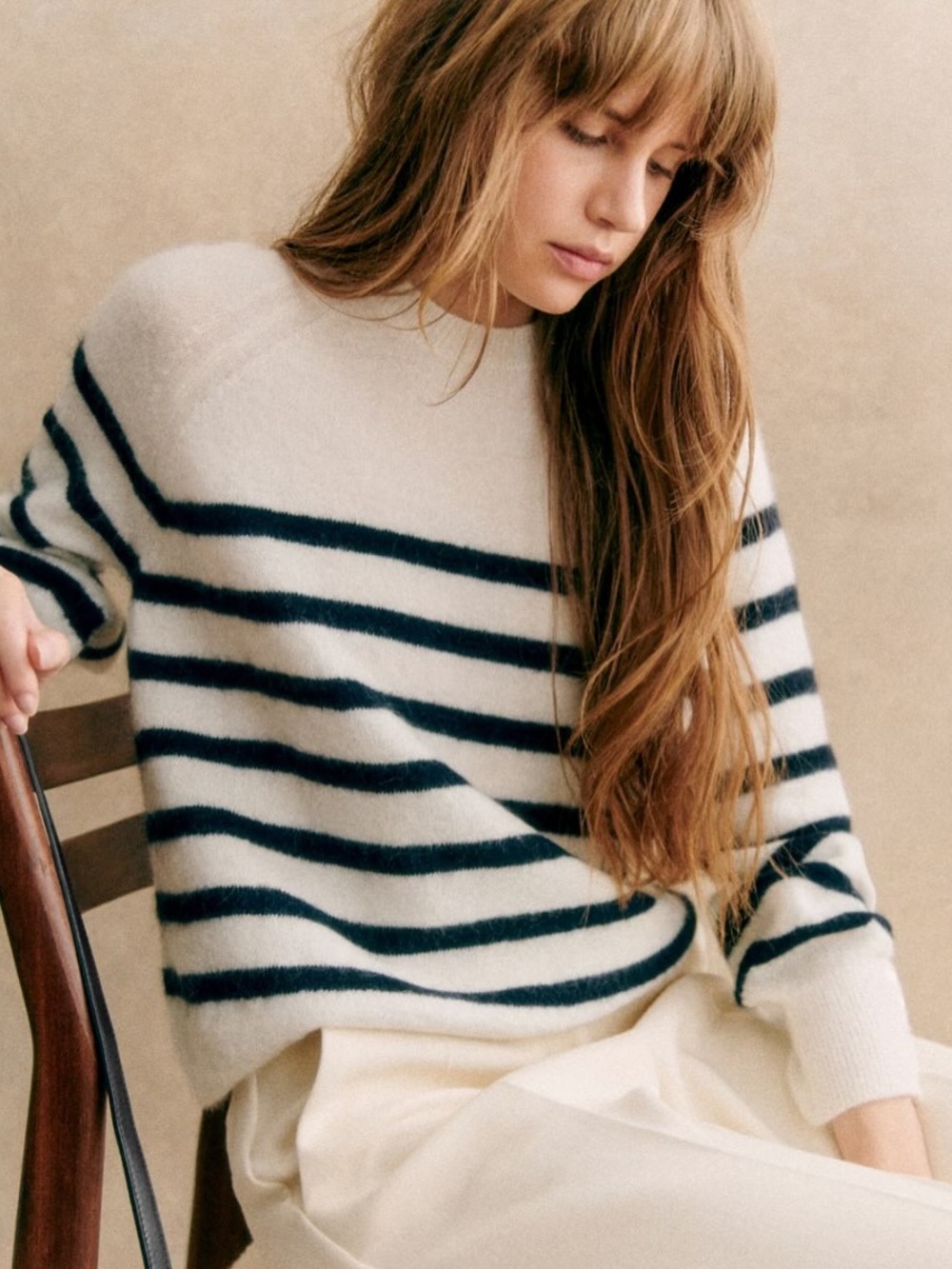 Sézane Louise Jumper Ecru Navy Striped Mohair Wool Sweater Balloon Sleeve